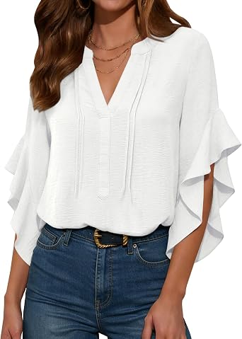 AIMCOO Womens Blouse Dressy Casual 3/4 Ruffle Sleeve V Neck Top Work Shirt