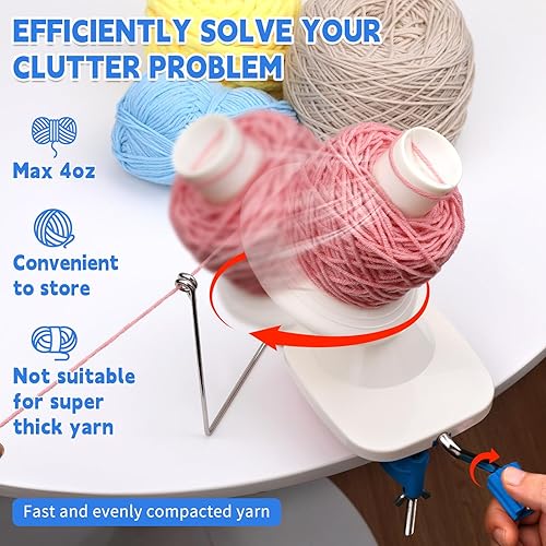 Miniatura 2 de Enrollador de hilo, enrollador de bolas de hilo para ganchillo con 40 marcadores de puntada, mango de metal y abrazadera de mesa, capacidad de 4