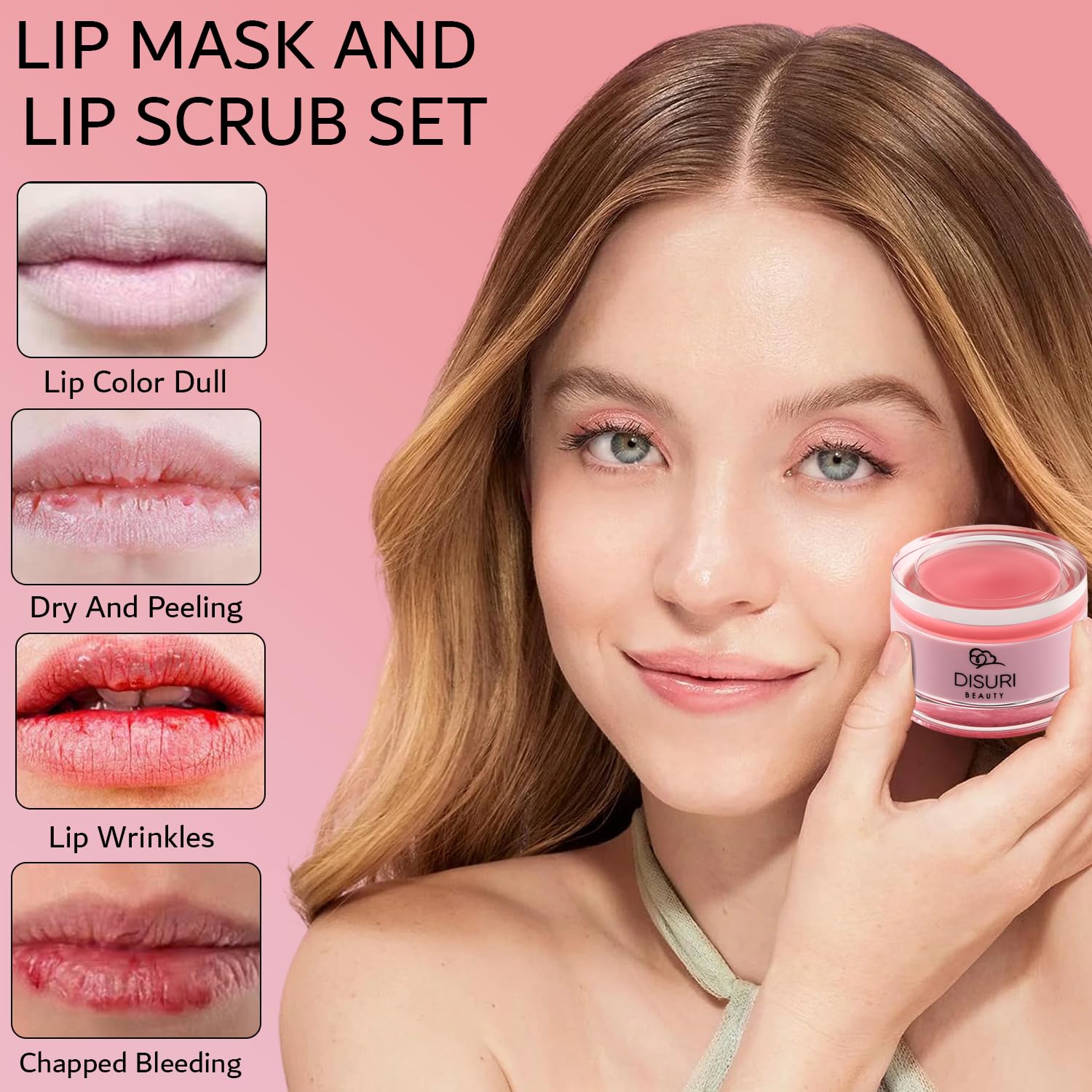 DISURI Beauty Lip Mask and Lip Scrub Set - Moisturizing Lip Scrub for Exfoliating and Smoothing Lips, Cruelty-free - Improves Texture, Hydrates, and Softens Chapped, Dark Lips Skin - (Strawberry)
