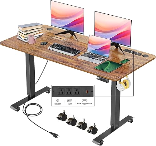 Vista 52 de Escritorio eléctrico de pie de altura ajustable, escritorio de pie de 55 x 24 pulgadas con salidas y 2 puertos USB, 4 ruedas, rango de elevación