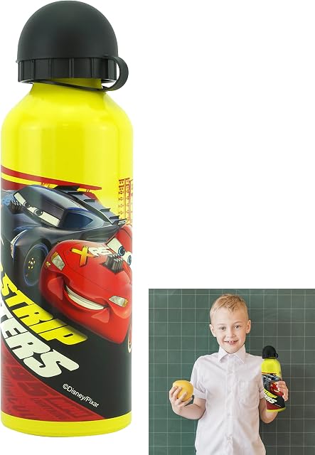 Kids Licensing 500ml Aluminum Cars Water Bottle, Yellow BPA-Free Leakproof, Reusable Drinking Bottle, Sports Bottle for Gym, School, Fitness, Cycling, Travel, Office