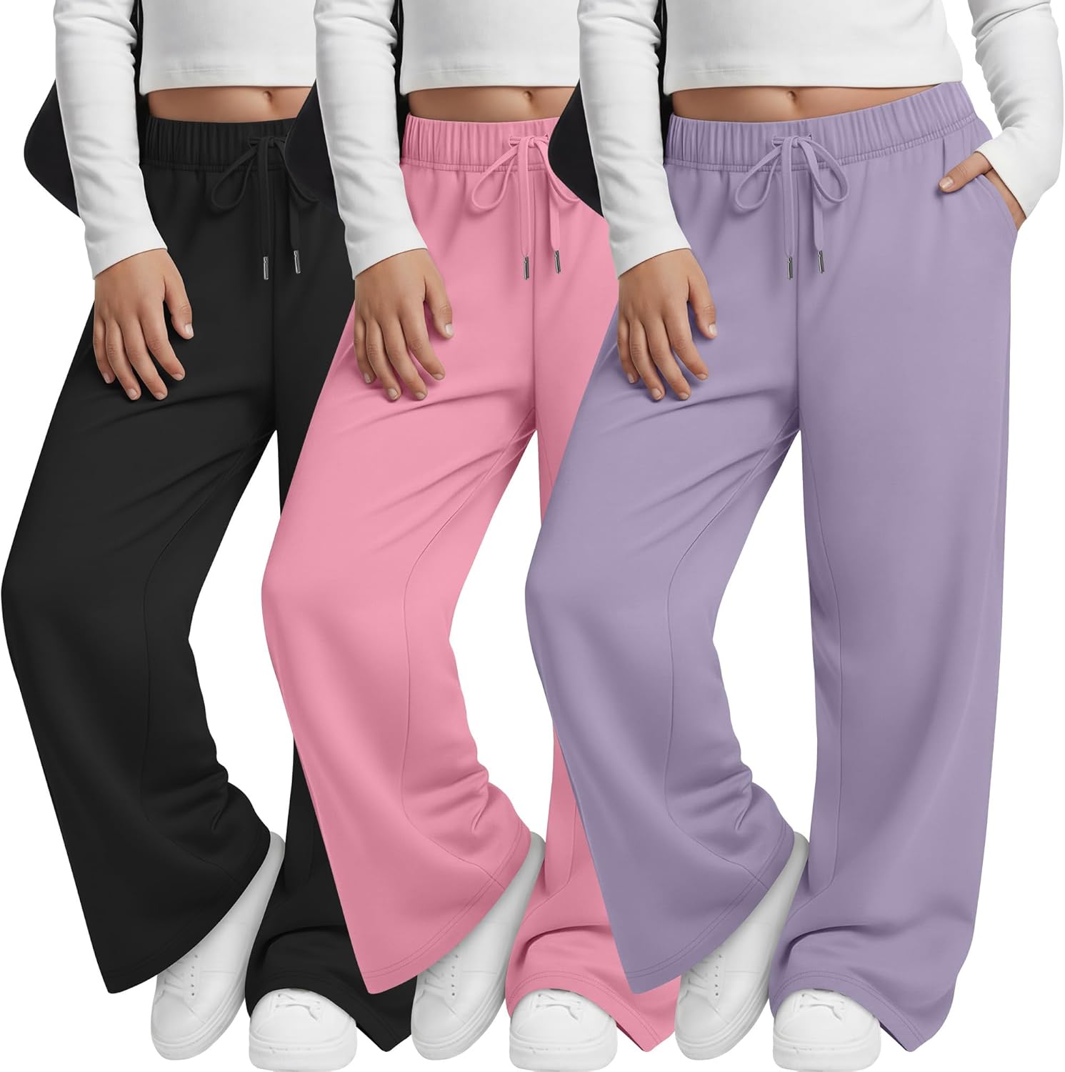 3 Pack Girls' Sweatpants Teen Drawstring Casual Wide Leg Pants Kids Open Bottom Straight Loose Joggers with Pockets