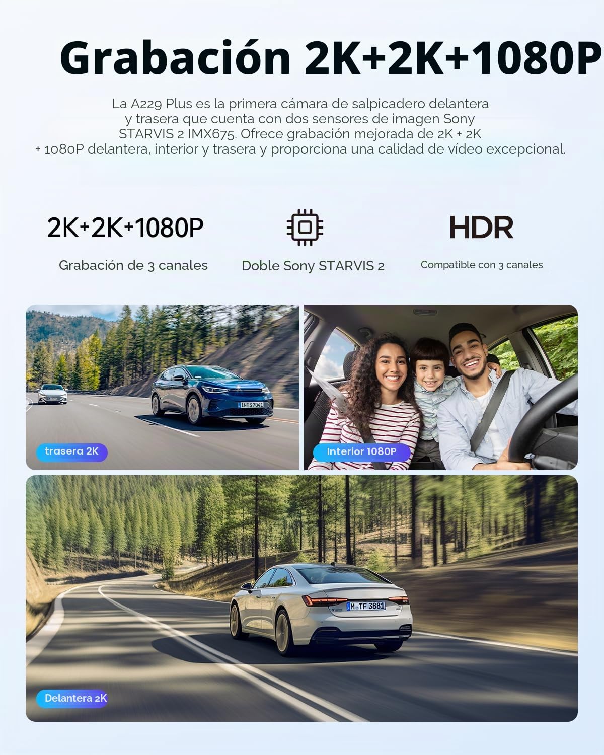 VIOFO A229 Plus 3CH Dashcam, 2K+2K+1080P, Dual STARVIS 2, GPS, WIFI | 3 canales (2 K + 2 K + 1080P), visión nocturna 2.0, WiFi rápida de 5 GHz y GPS, control por voz