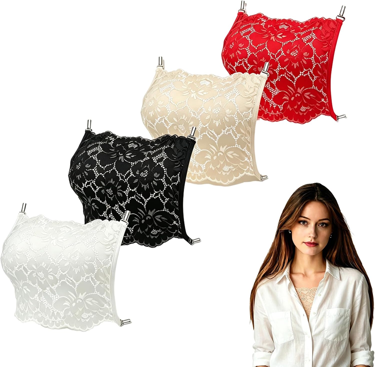 4Pcs Lady Lace Wearable Mock Camisole Bra Insert Low Cut Tops Overlay Modesty Panel.