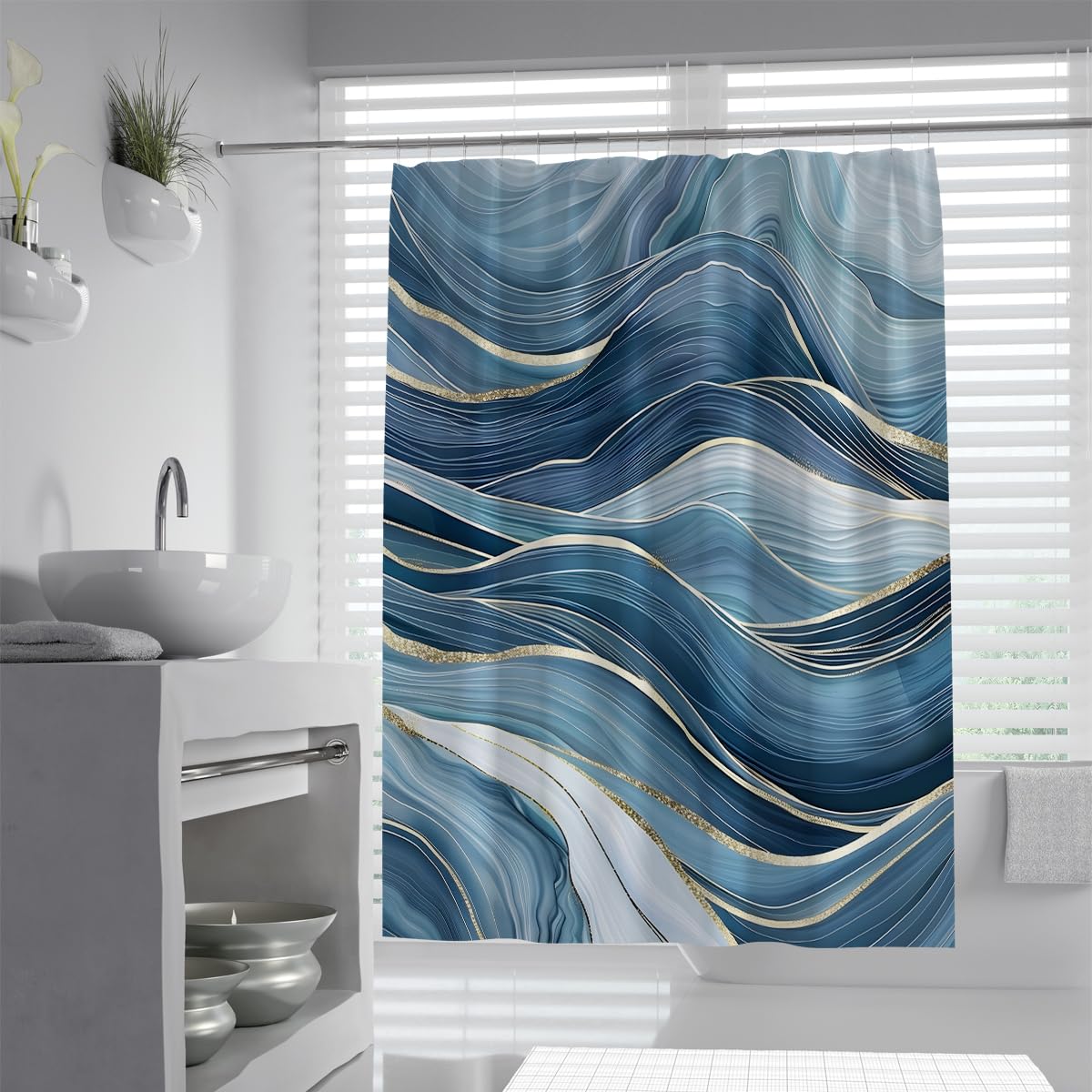 UIRINGART Shower Curtain W150xL200cm Water Repellent Mould Resistant Luxury Blue Gold Wave Line Abstract Marble Agate Texture Polyester Fabric Bathroom Divider with Hooks
