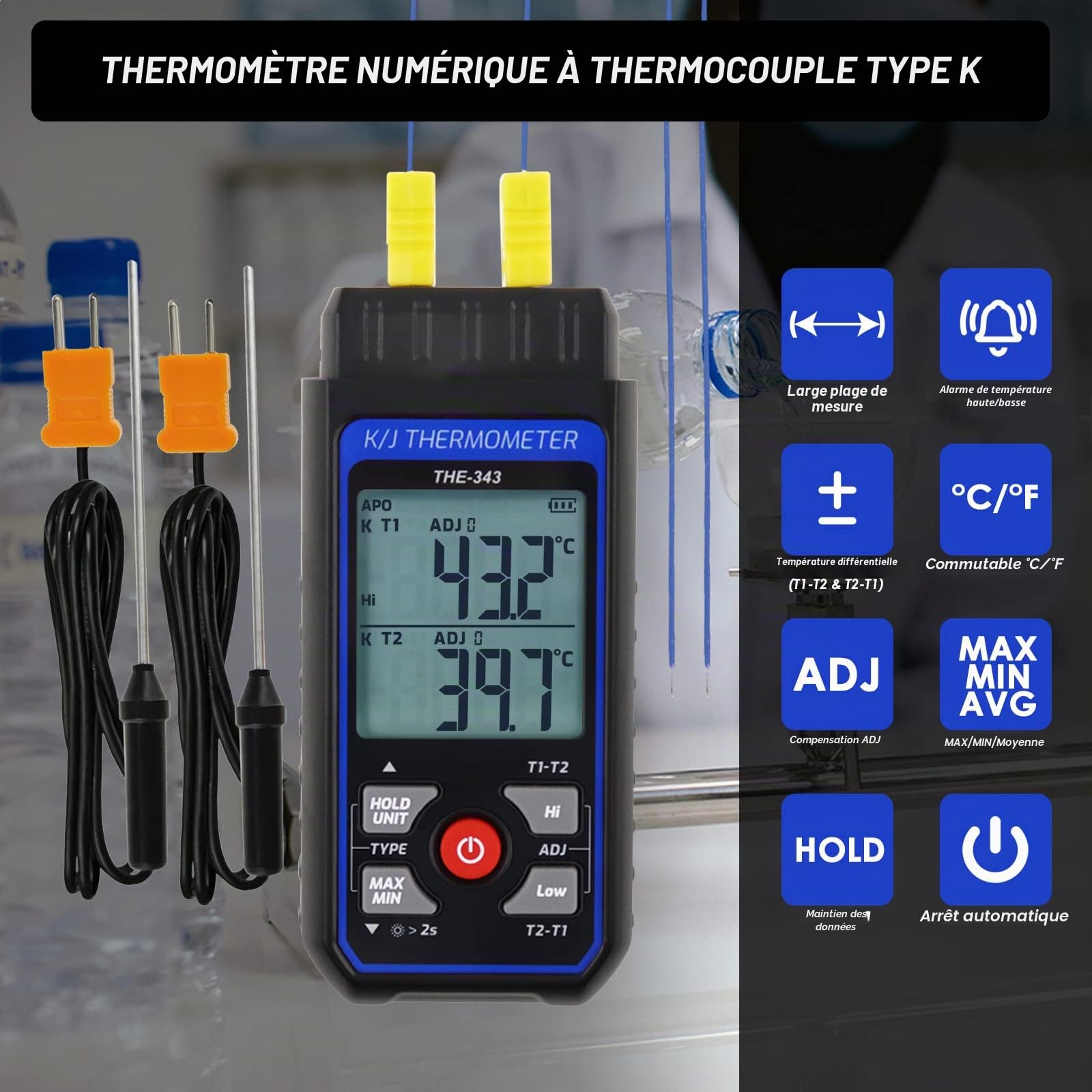 Thermomètre Thermocouple Numérique de type K avec 4 Thermocouples, Plage de Mesure de -200~1372℃, Thermomètre HVAC à double Canaux, Jauge de Température avec Compensation ADJ