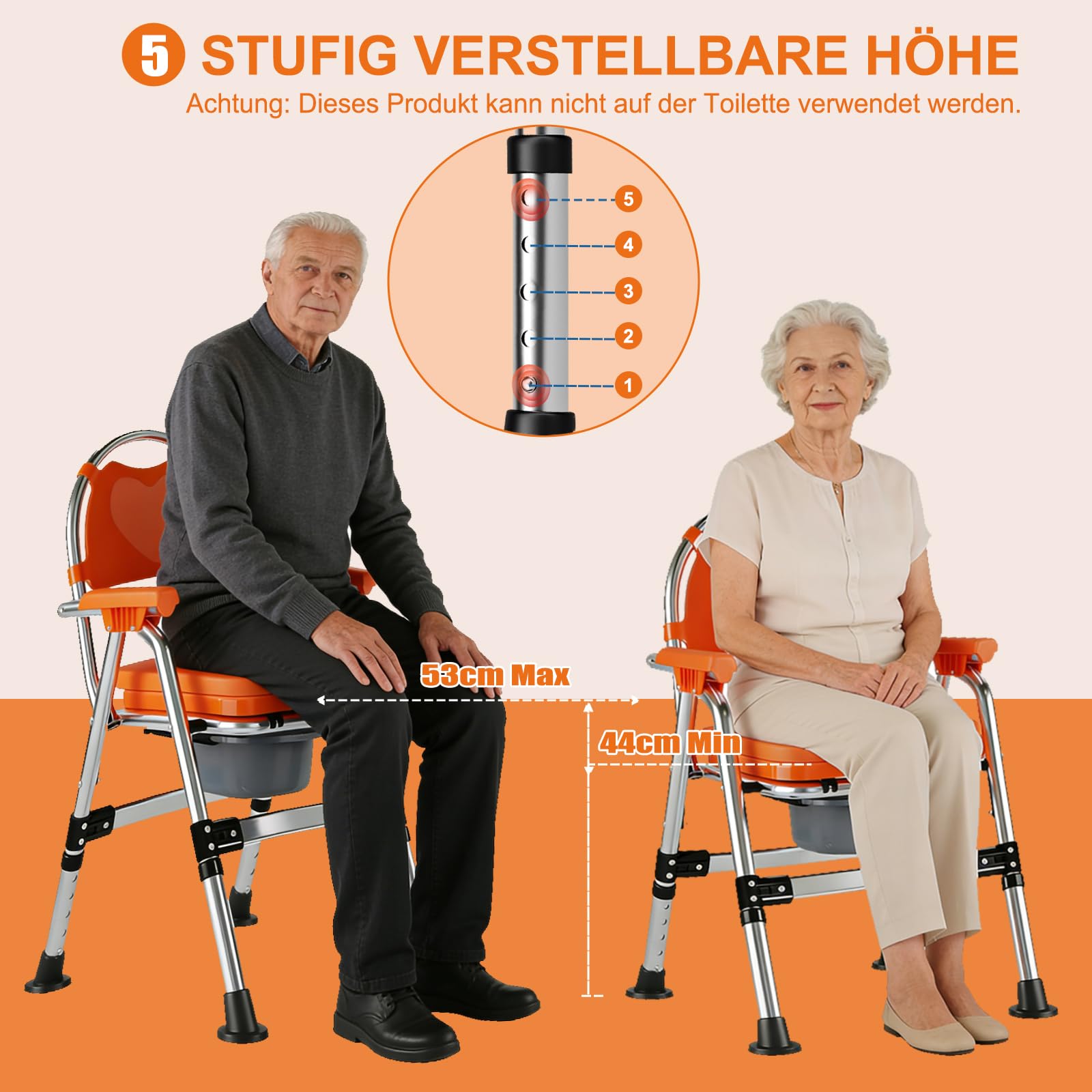 Toilettenstuhl Klappbar für Senioren höhenverstellbar mit Armlehne | Faltbares Design für platzsparende Aufbewahrung, Herausnehmbarer Eimer mit Deckel, stabile Konstruktion, leichte Reinigung
