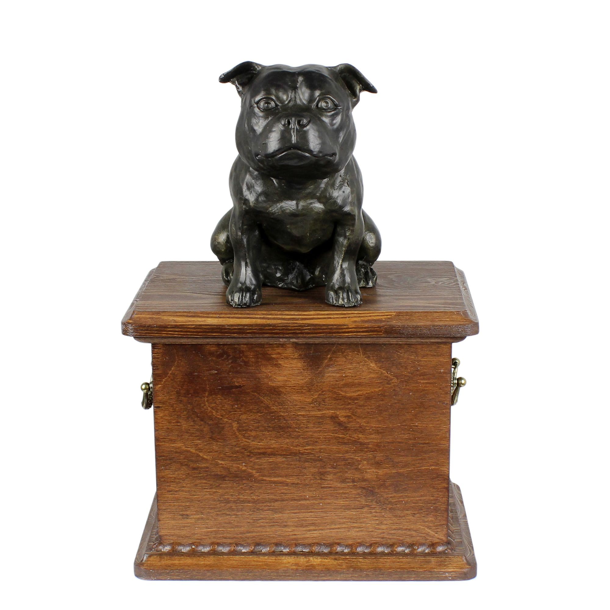 Art-Dog Urn for Dog Ashes - Handmade Memorial with Cold Cast Bronze Statue – Custom Pet Memorial Urn for Pet's Name, Dates, and Sculpture – 8.3x11.4x8.7” – Staffordshire Bull Terrier I