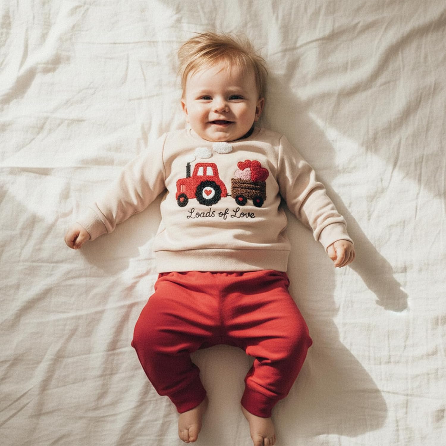 Toddler Baby Boy Valentines Day Outfit Truck Loads of Love Embroidery Long Sleeve Sweatshirt Jogger Pants Clothes Set - Image 2