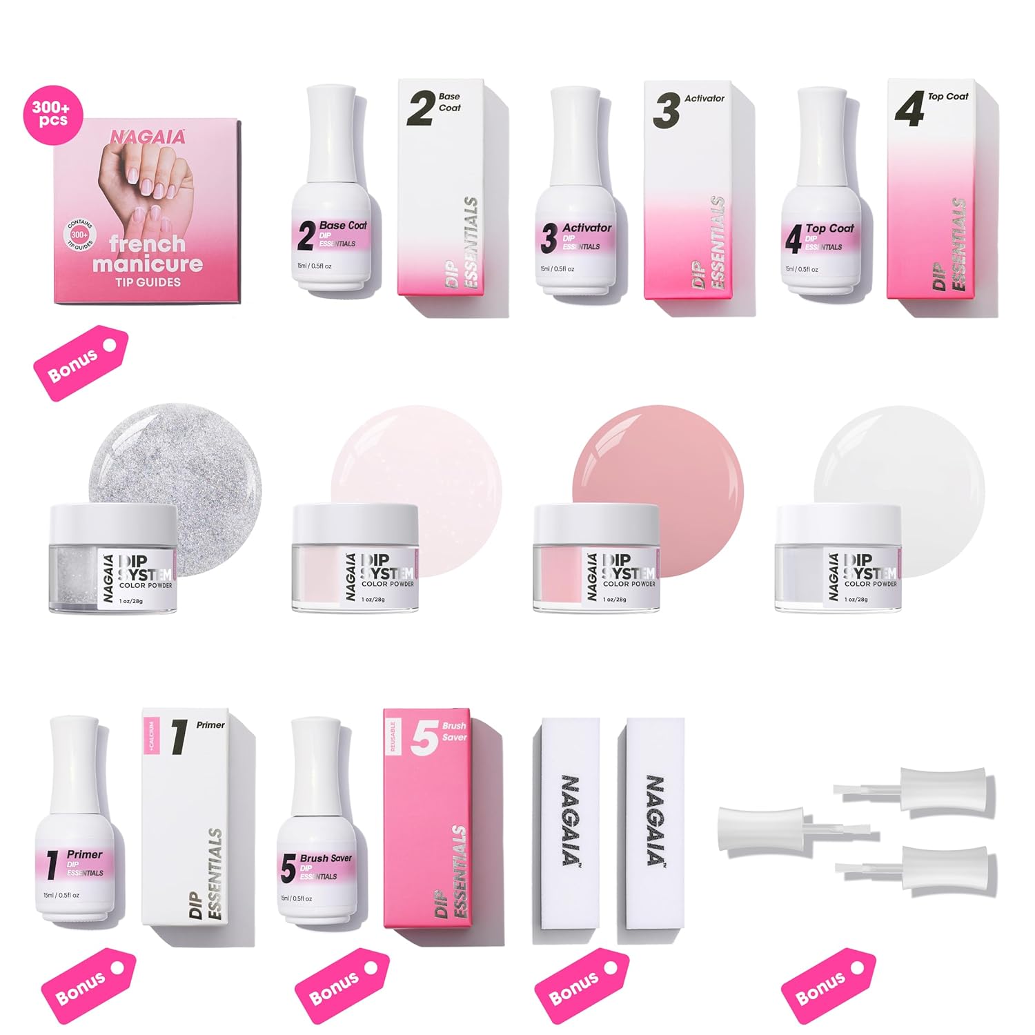 NAGIA Starter Dip Nail Kit, Includes Primer, Base Coat, Activator, Top Coat, Brush Saver, 2 Buffing Blocks, 3 Brushes, 4 Colors Powder, Self Leveling Liquid