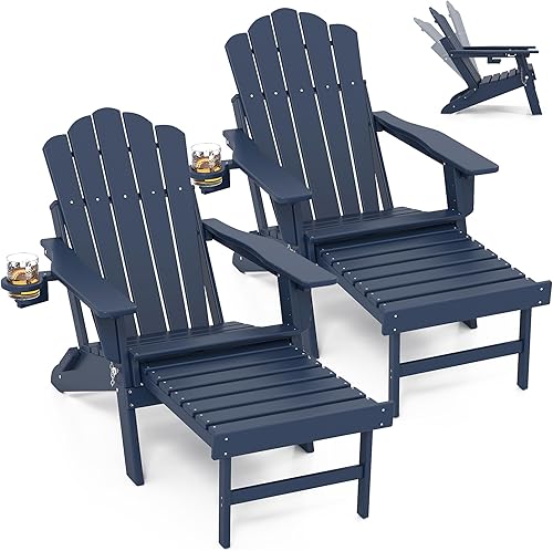 FOOWIN Juego de 2 sillas Adirondack ajustables con otomana retráctil, silla Adirondack plegable con soporte para tazas, silla para hoguera de