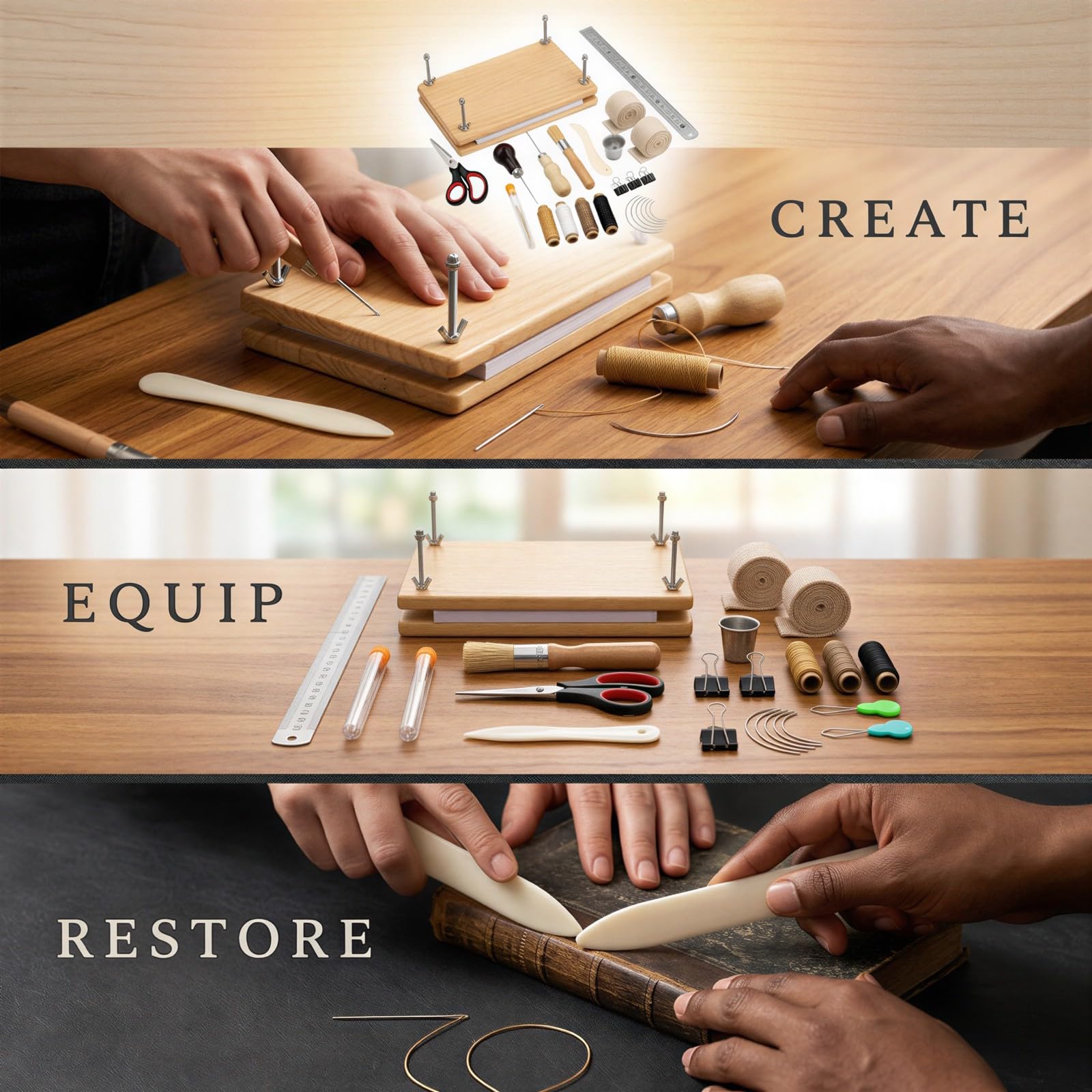 Kit per rilegatura, 40 pezzi, con pressa in legno da 20 x 19 cm, strumenti e forniture per rilegatura, cartelline ossee, punteruolo, cinghia, aghi e filo cerato per riparazioni fai da te
