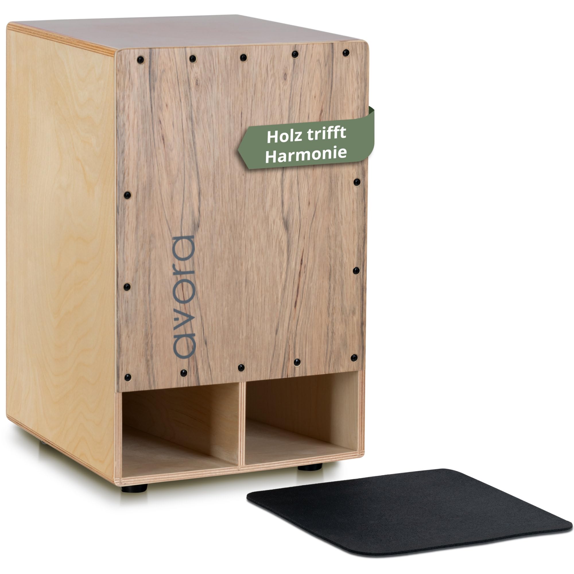 Avora Bass Boost Cajon - Percussion Trommelkiste mit verstärktem Bass - Sitztrommel mit Integrierter Griffschale - Snare-Effekt - Inkl. Sitzpad aus Neopren - Instrument mit Akazien-Furnier - Braun