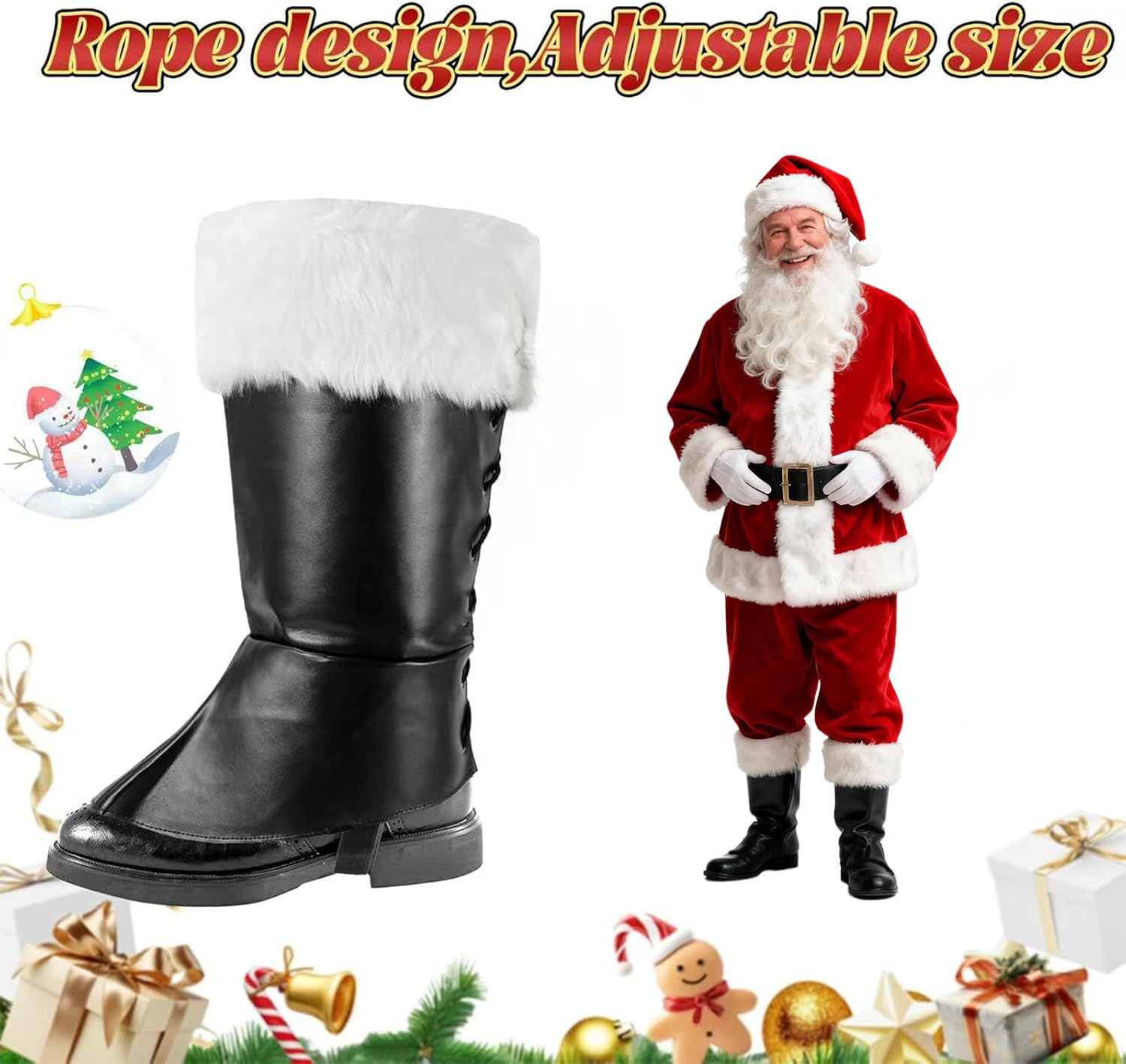 NUMJAW Christmas Santa Claus Costume Boot Covers for Men Women,Wide Calf Santa Boots Cover Plush Cuffs Santa Costume Foot for Halloween Christmas Costume Black