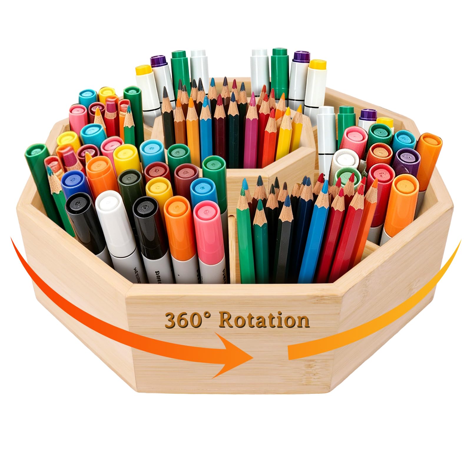 TUAKIMCE Bamboo Rotating Art Supply Organizer – Holds 800+ Pencils or 160 Markers – Spinning Pen & Marker Holder for Desk – Crayon, Brush & Stationery Storage for Office, School & Classroom