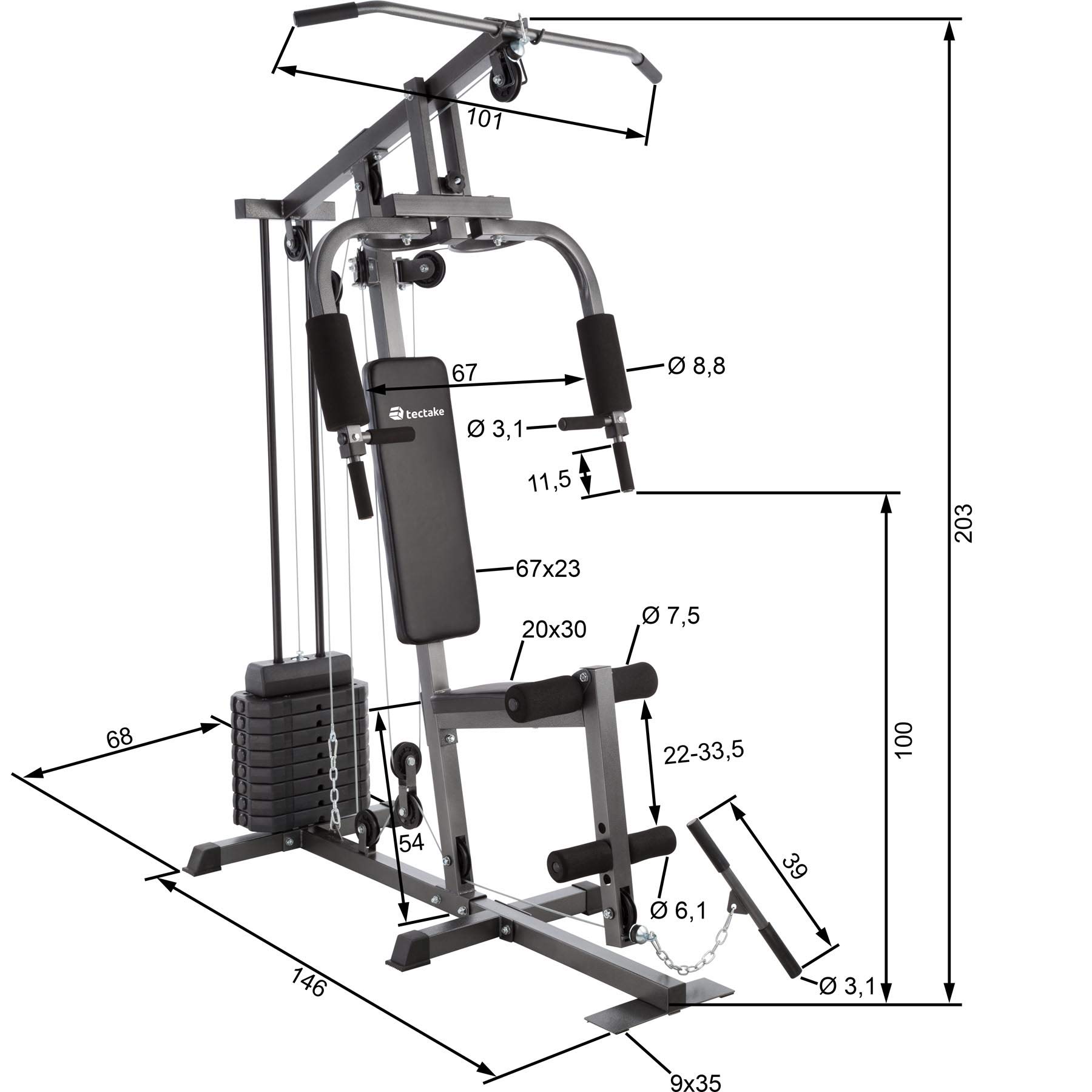tectake® Maquina de Pesas Multifuncional 160 x 101 x 203 cm, Multiestación Musculación con Módulo Mariposa, Gimnasio en Casa, Ejercicio en Casa. Pesos Fitness, Poleas Gimnasio - Negro