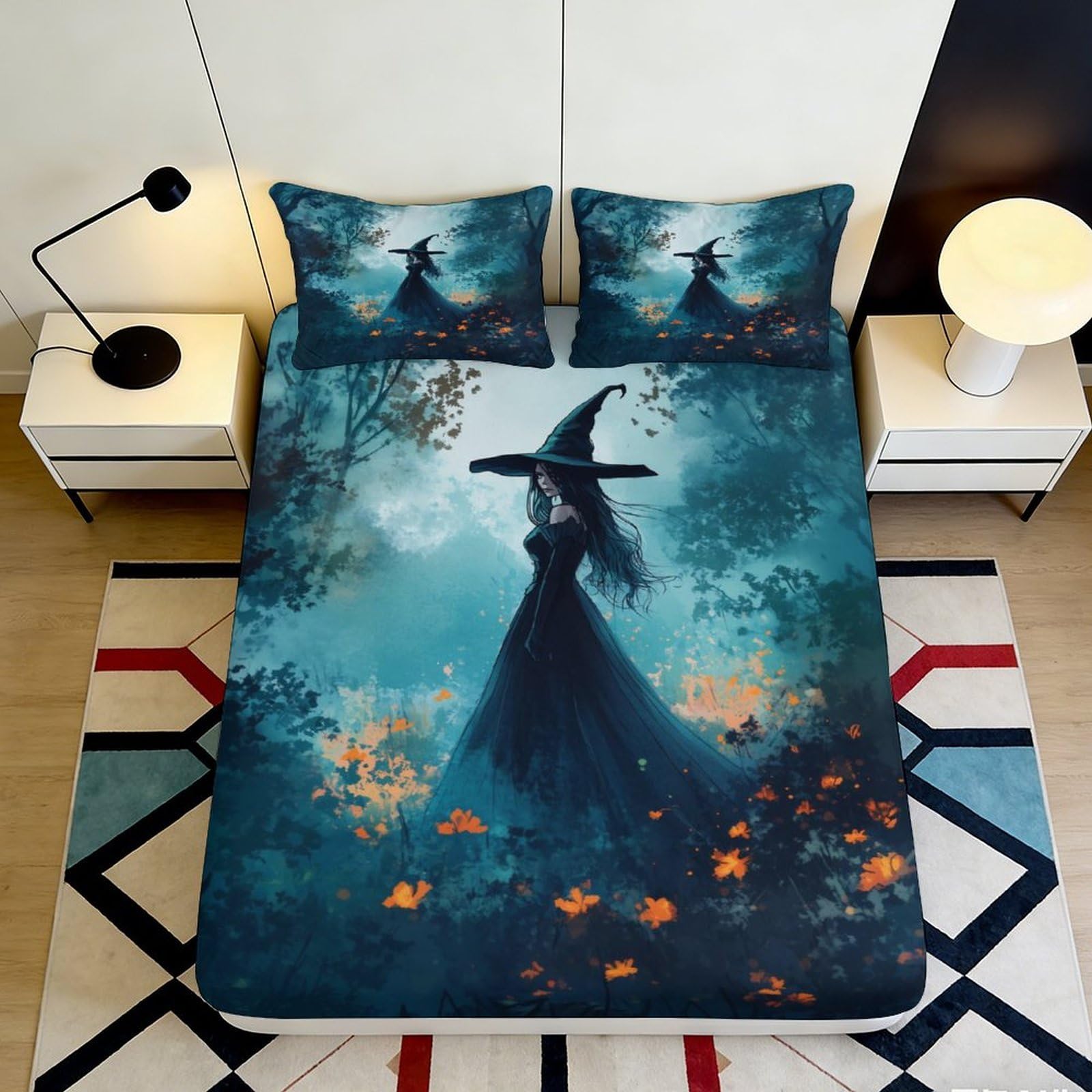 Jqzkxnhpbr Style-1 3D Printed Witch Silhouette Fitted Sheet Microfiber Black Forest Pumpkin Mattress Cover For Bedroom Decor Dorm 90X200x25cm