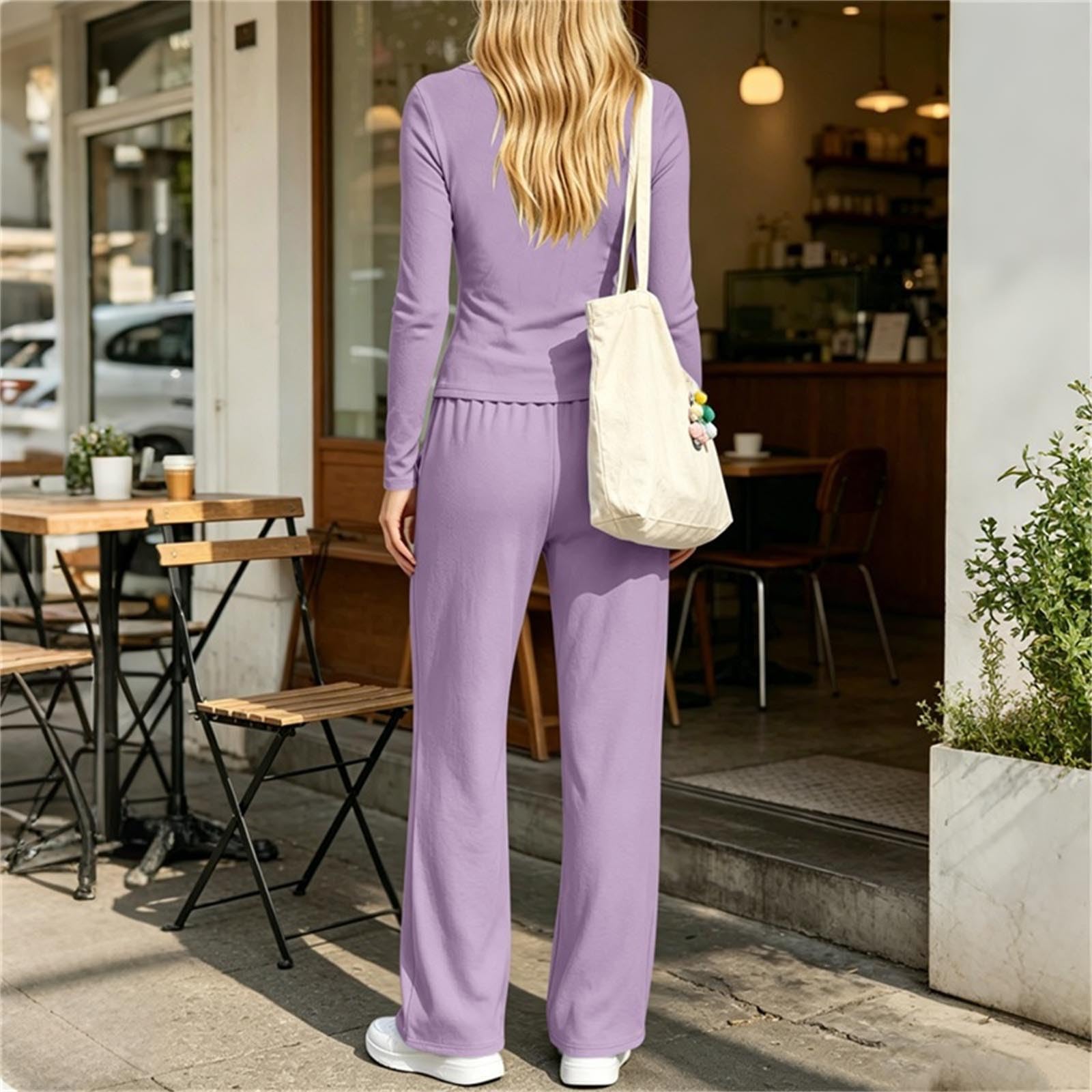 Chandal Mujer,Conjunto de Top Manga Larga y Pantalón Ancho con Bolsillos