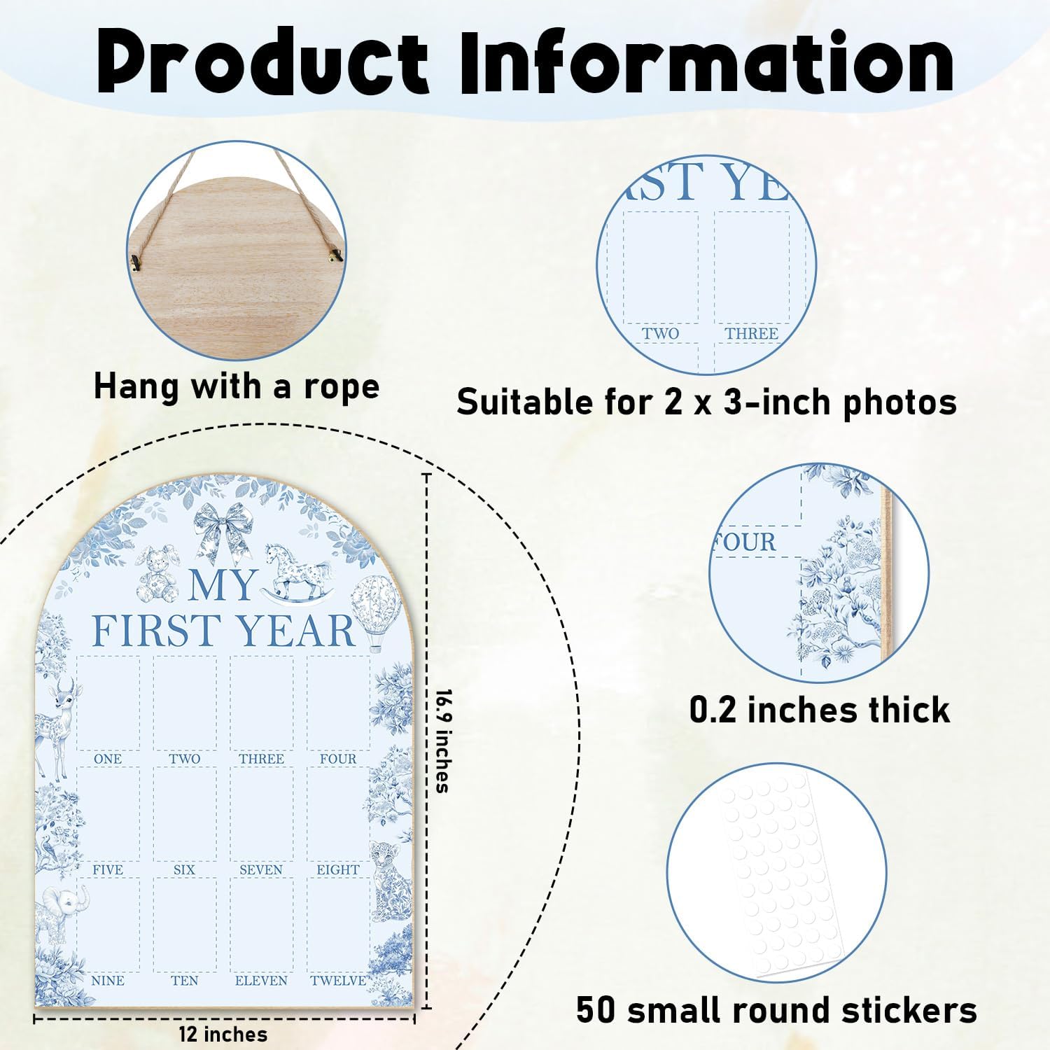 Blue Floral Animals My First Year Photo Board - Newborn 12 Months Milestone Wooden Photo Board, First Birthday Decorations, Baby Keepsake Gift Supply (Fit 2x3in Pic) -07