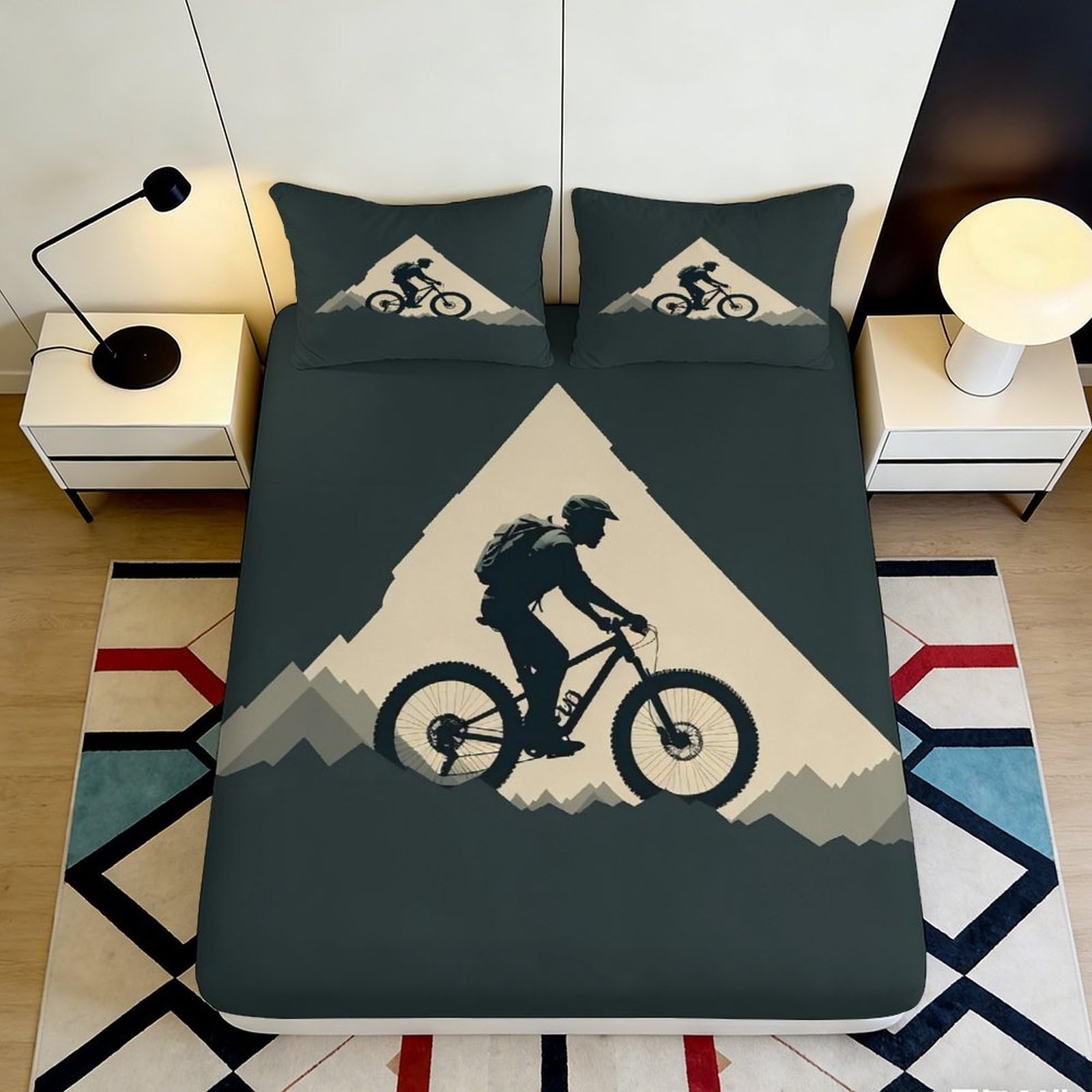 Uxinyoume Style-3 3D Printed Mountain Bike Fitted Sheet Microfiber Soft Dark Green Cycling Bed Cover For Bedroom Dorm Mattress Decor 90X200x25cm