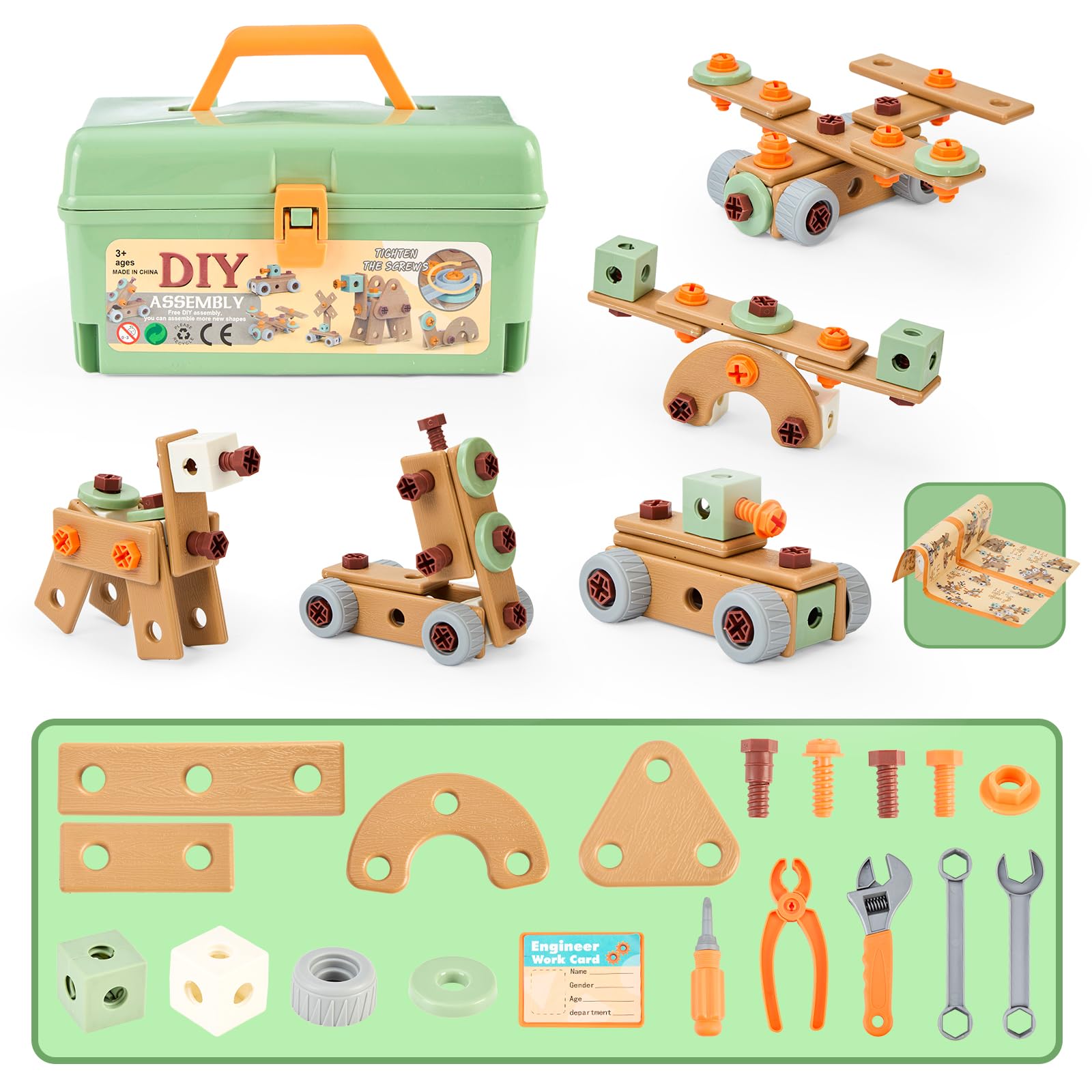 Kids Simulation Plastic Tool Set - Montessori Educational Toys for 3+ Year Olds, Pretend Play Construction Tool Kit with Storage Box, Learning Gift for Toddler Boys & Girls