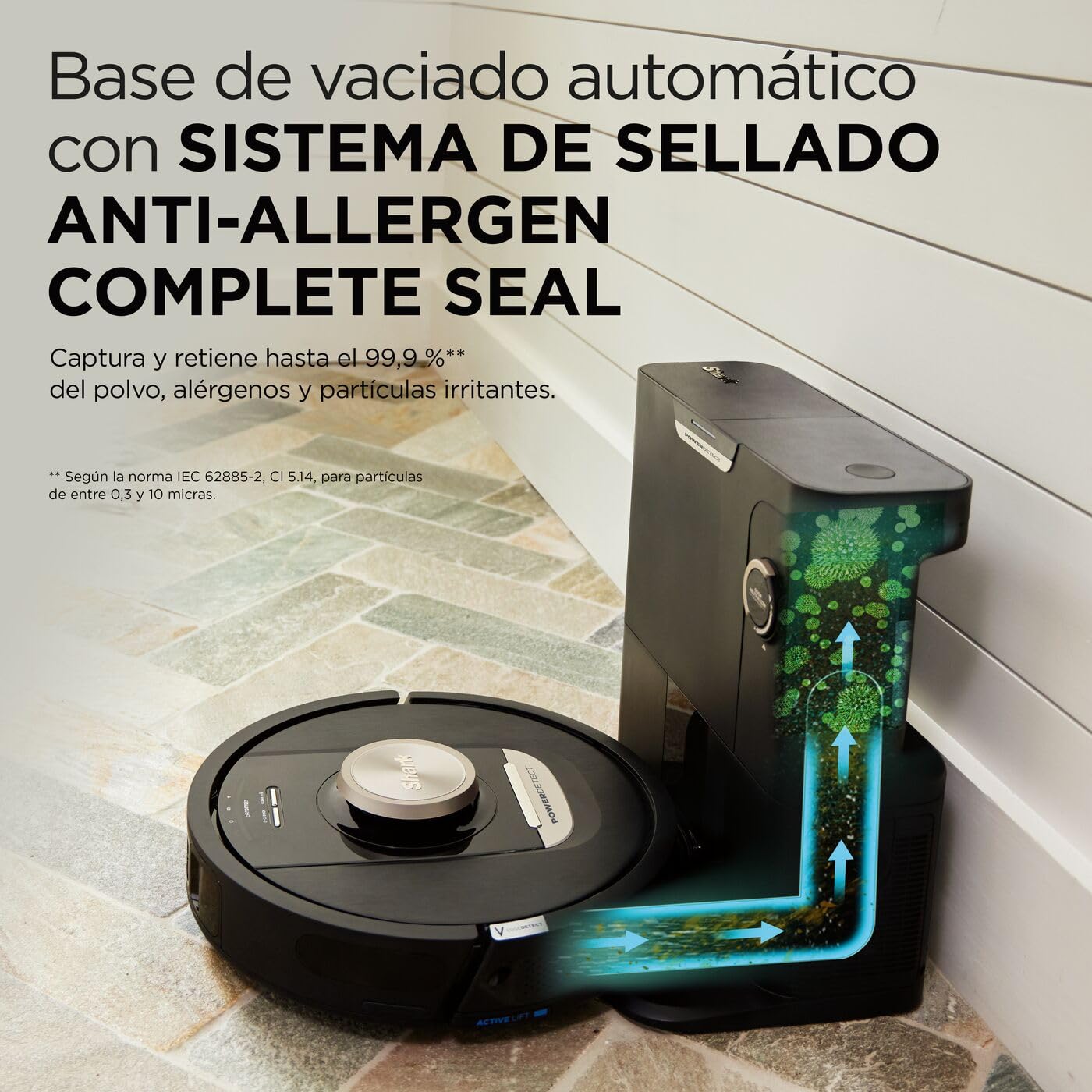 Shark PowerDetect, Robot Aspirador, Vaciado Automático, Negro, RV2820VEEU | Navegación 3D y LiDAR, Base Antialérgenos, Tecnología NeverStuck, para Alfombras, Suelos y Pelo de Mascotas, WiFi/App