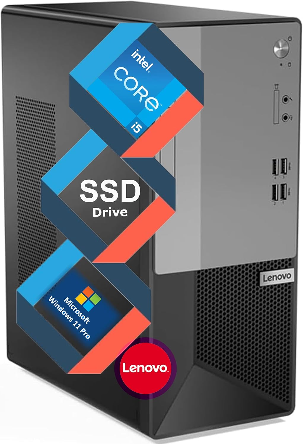 Lenovo V50t Business Tower Desktop| Intel Core-i5 Processor| 64GB RAM, 2TB Storage (1TB SSD & 1TB HDD)| 4K 3-Monitor Support (DisplayPort, HDMI, VGA)| DVD-RW| Wi-Fi| Bluetooth| RJ-45 | Windows 11 Pro