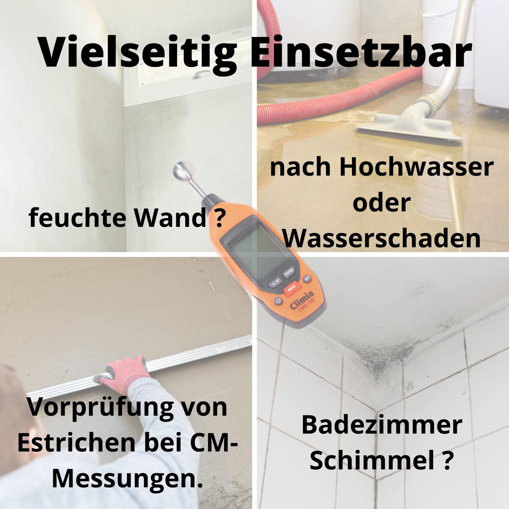 Climia CMG100 - Medidor de humedad para pared, 5-40 mm de profundidad de análisis, medidor de humedad con hasta 50 horas de duración de la batería, fácil de usar, pantalla LED iluminada
