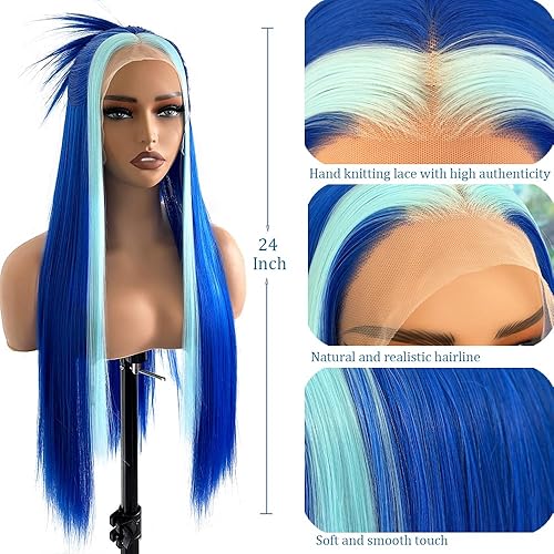 Miniatura 4 de Matoru Peluca de cabello largo y lacio de color azul, peluca con reflejos de cabello de fibra resistente al calor, línea capilar natural, pelucas de