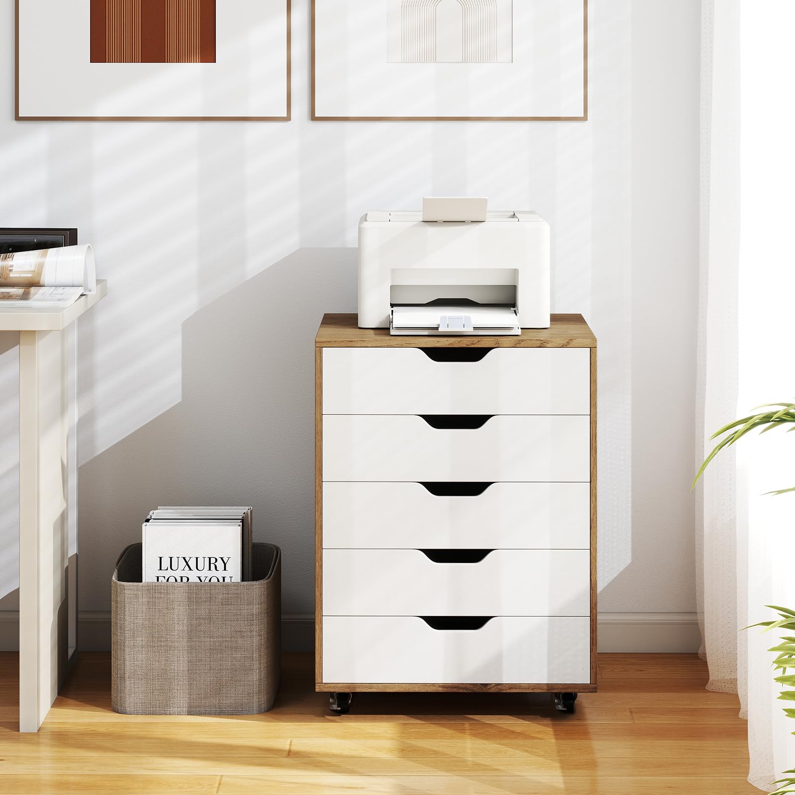 GOPLUS Caisson Bureau avec 5 Tiroirs à Roulettes en Bois, 49x40x65CM, Meuble Rangement Bureau Mobile avec Support Imprimante, Rangement à 5 Niveaux pour A4, Document, Format, Lettre, Idéal pour Maison
