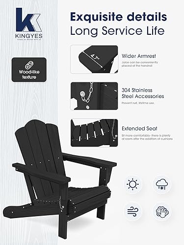 Miniatura 5 de KINGYES - Silla Adirondack plegable, sillas de patio de polietileno de alta densidad para todo tipo de clima, silla de césped con textura de madera