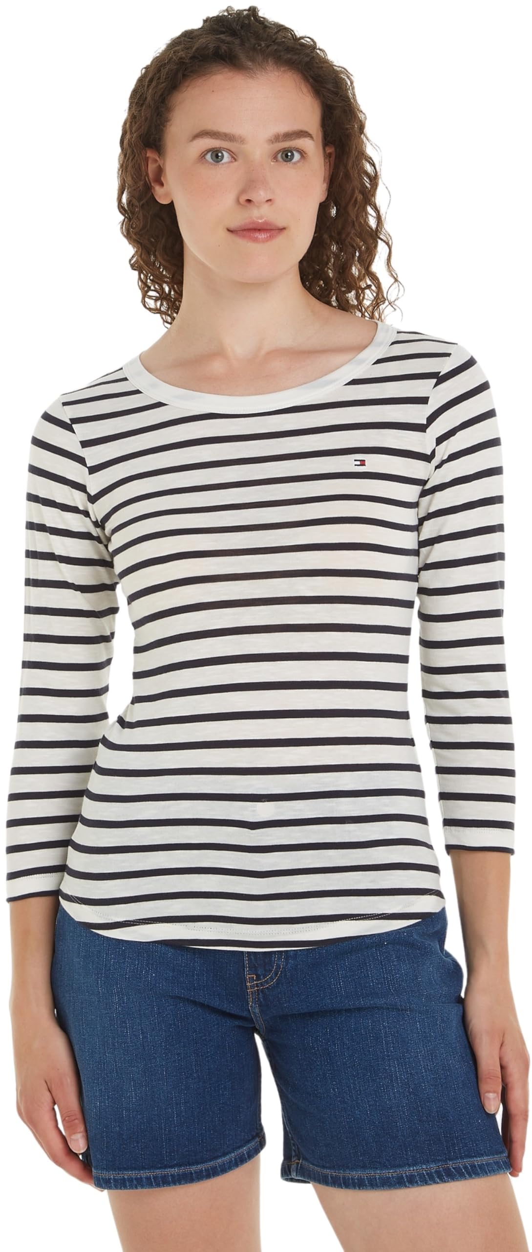 Tommy Hilfiger Women 1985 Slim Slub Open-Nk 3/4 SLV L/S Knit Tops, White, XXL