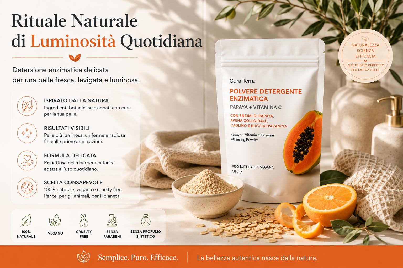 Papaya + Vitamina C - Polvere detergente enzimatico viso 50 g | Esfoliante naturale illuminante con enzimi di papaia, avena colloidale, caolino e buccia d'arancia | 100% naturale e vegano