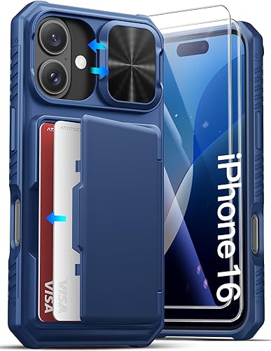 Miniatura 86 de ATATOO Funda para iPhone 16 con tarjetero (almacena 3-5 tarjetas) [bloqueo RFID] y funda para cámara deslizante, protección de grado militar, funda