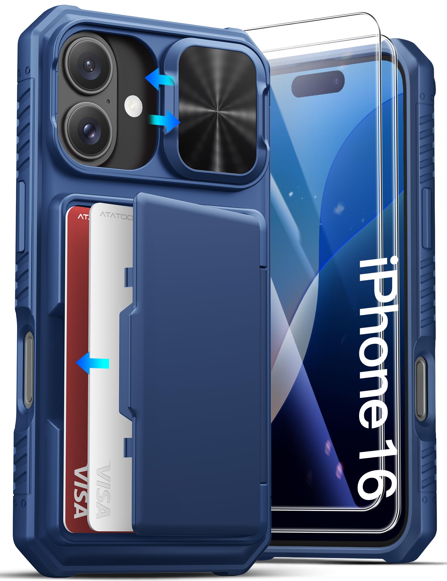 ATATOO for iPhone 16 Case Wallet, Card Holder, 2X Screen Protector, Blue
