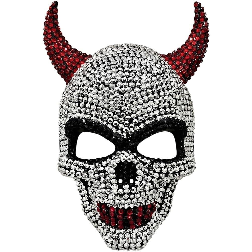 Danlai Rhinestone Devil Horn Skull Mask, Half Face Skeleton Accessory for Halloween Masquerade Party Cosplay Dress Up