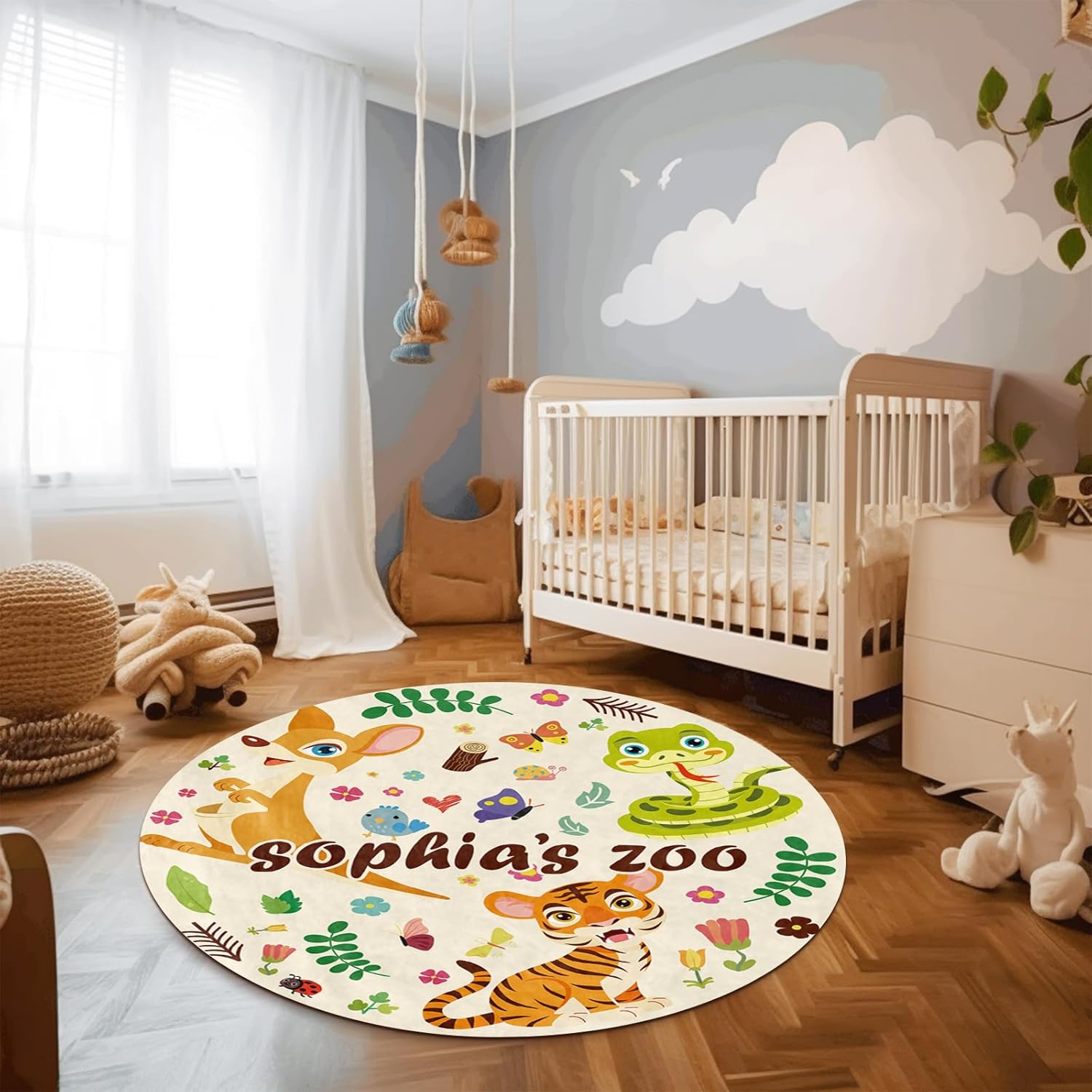 Round Nursery Rug Personalized with Name, Custom Kids Rug Soft Floor Area Rugs, Activity Crawling Play Mat for Baby Boys Girls Neutral Toddlers Bedroom Lion Monkey(3.3ft/40)