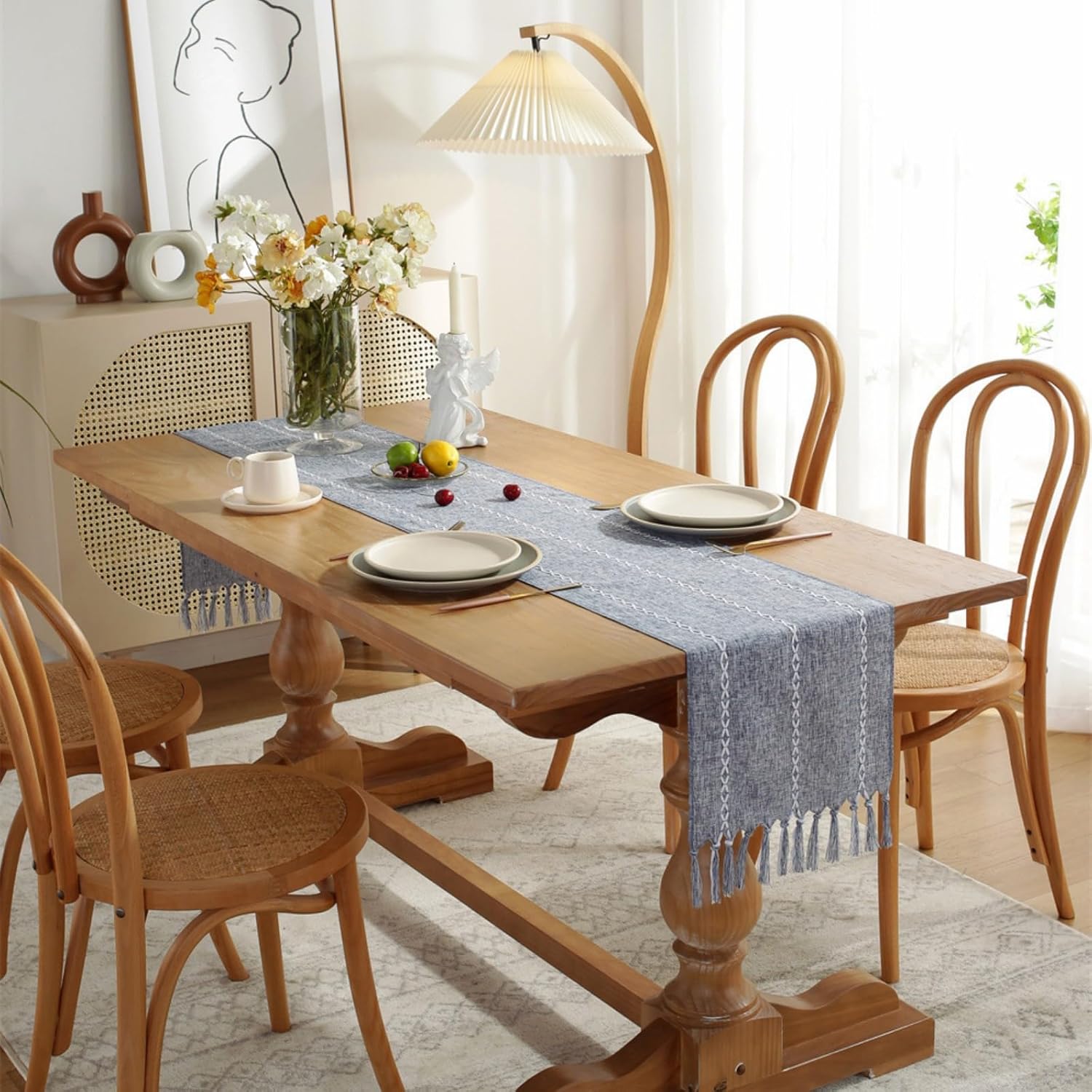 Linen Rustic Boho Style Table Runner with Handmade Tassels, Premium Quality Farmhouse Table Runner 108 Inches Long for Dining Table Decor, Holiday Party and Wedding, 13 x 108 inch, Blue