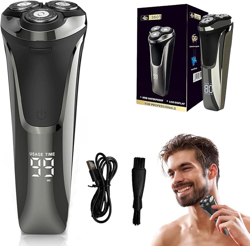 Barbeador elétrico rotativo EISNZLAN V001 com cabeça flutuante 4D, display LCD, motor silencioso, IPX7 e carregamento USB-C, preto