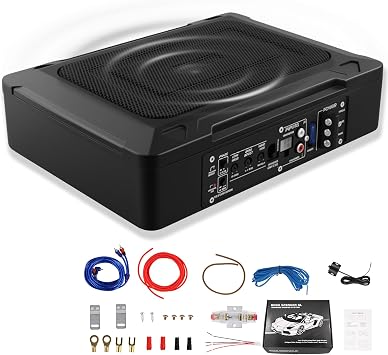 1000W 8" Car Subwoofer, Slim Active Underseat Powered Subwoofer, Built-in Amplifier, High/Low Level Input, Compact Bass Solution for Car and Truck Audio