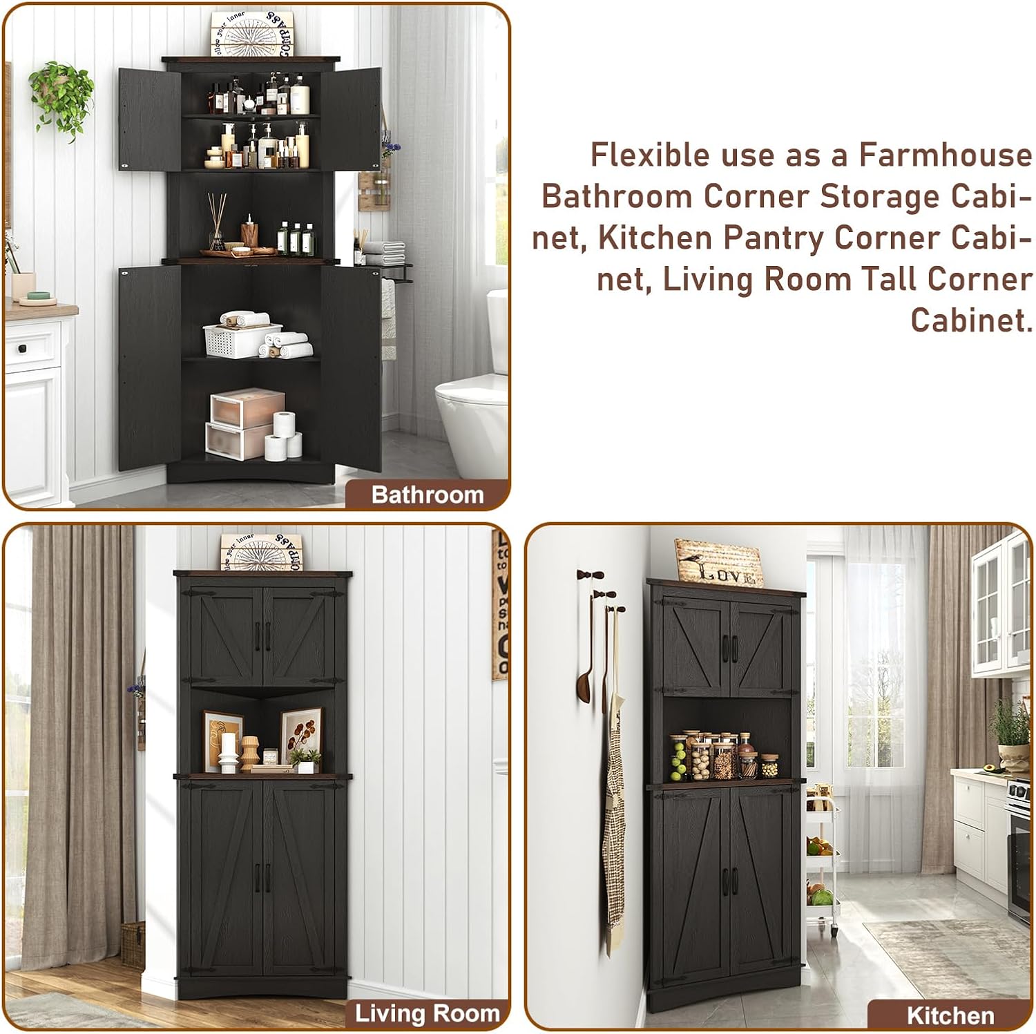68" Tall Farmhouse Corner Cabinet, 5-Tier Large Storage Cabinet with 4 Barn Doors & Adjustable Shelves, Bathroom Cabinets with Storage for Living Room, Kitchen, Bathroom, Black