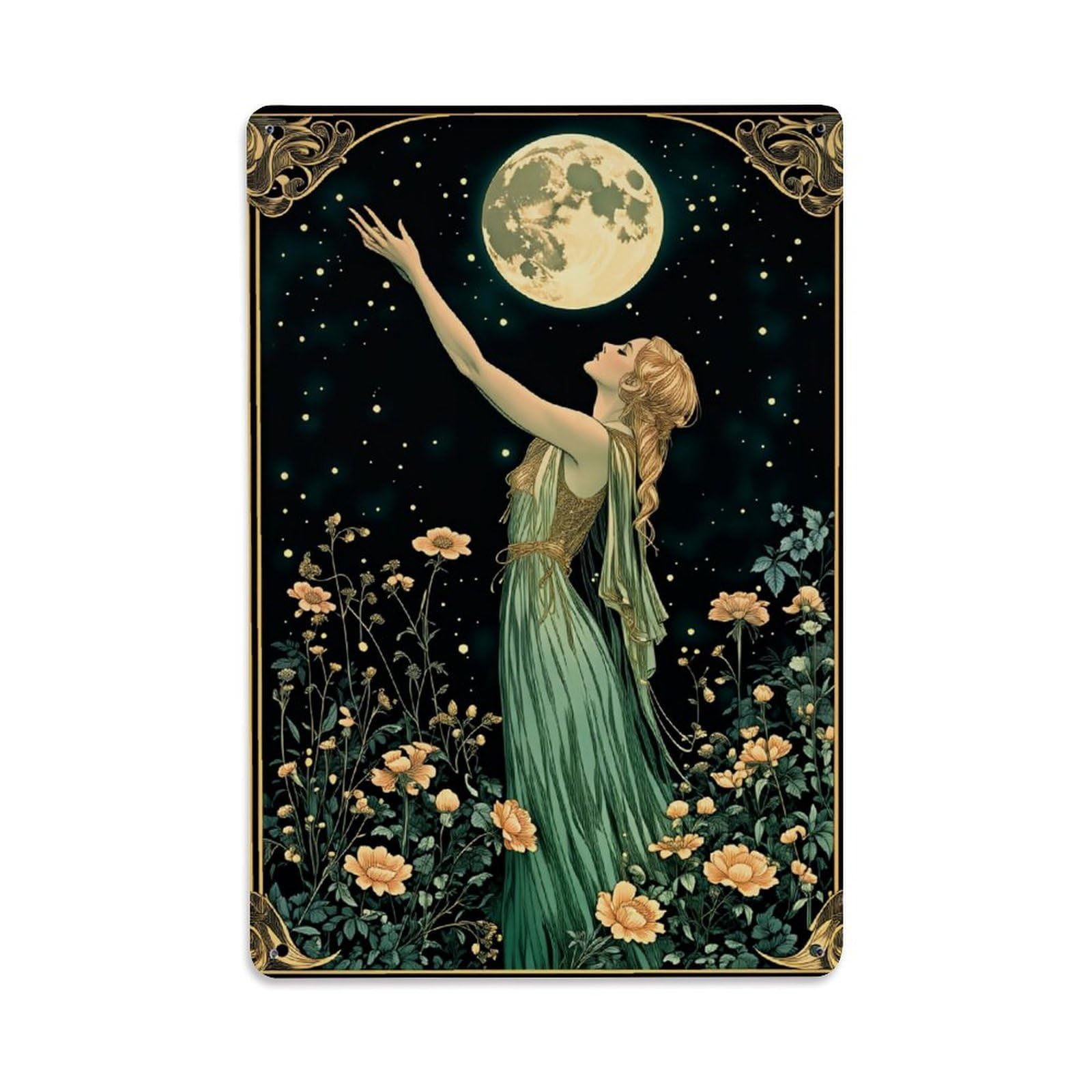 Moonlit Garden Woman Reach Stars Tin Sign Vintage Metal Poster, Home Bar Garage Man Cave Cafe Indoor & Outdoor Wall Decoration 8x12Inches