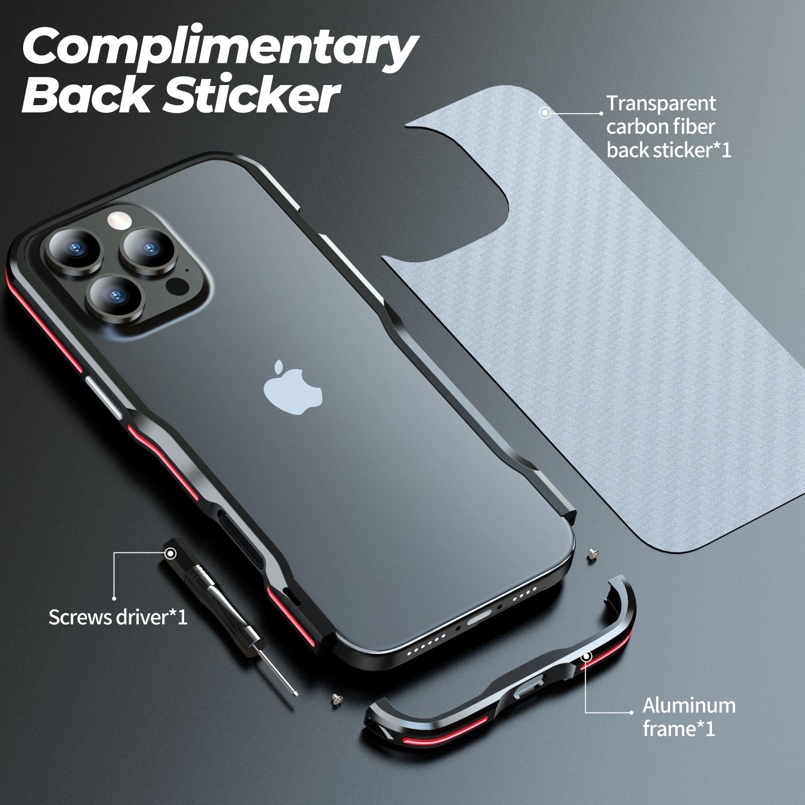 HENGHUI Aluminum Bumpers Compatible with iPhone 16 Pro Bumper Case with Carbon Fiber Texture Back Sticker Metal Frame Bumper Cover Shock Absorbent Slim Cool Design,Black+Red
