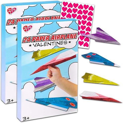 Aviones del día de San Valentín para el aula de niños paquete de 48 tarjetas de avión de San Valentín con 48 calcomanías de corazones de intercambio