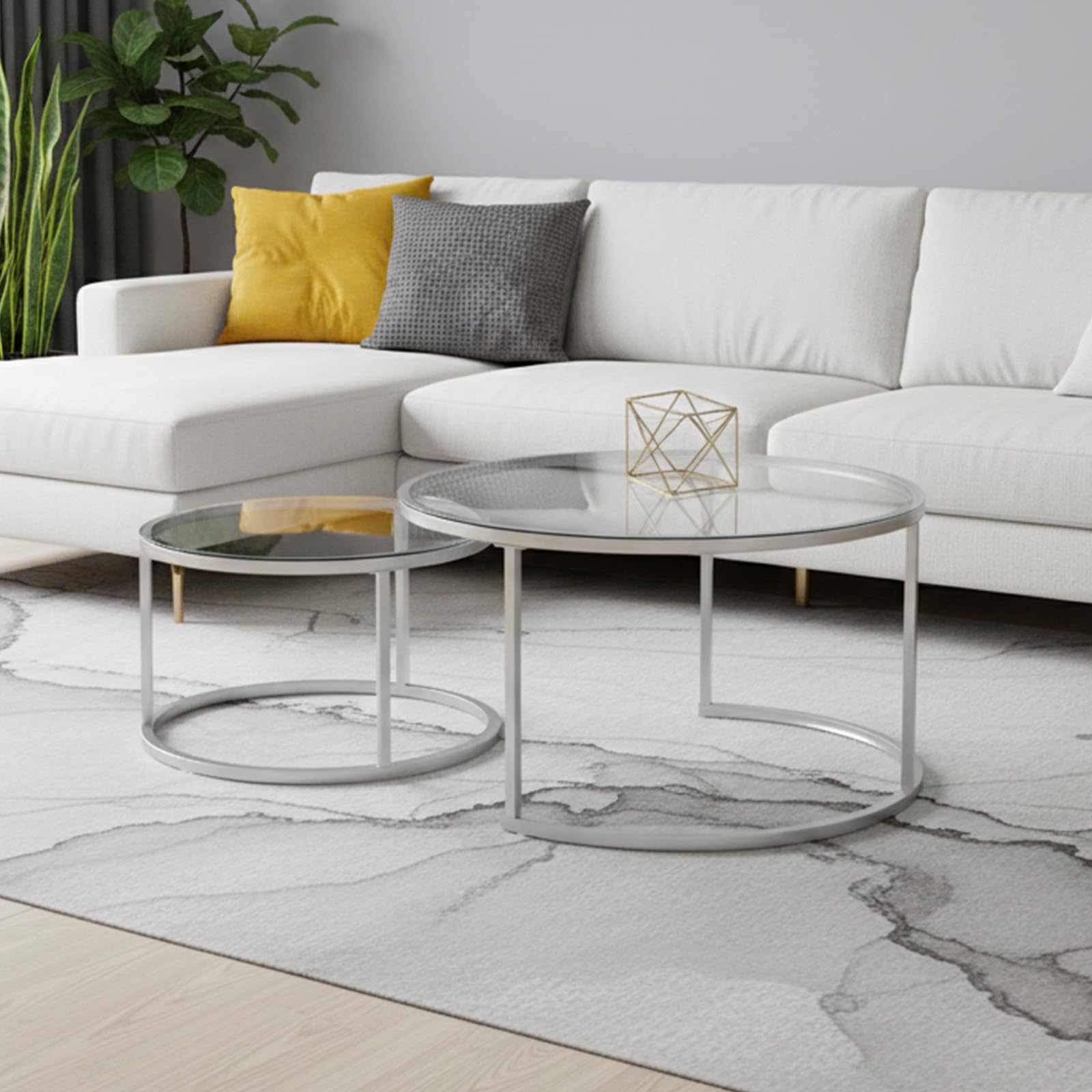 Juego de 2 Mesas de Centro Nido Redondas de Cristal Templado y Metal Plateado, Mesas Auxiliares Modernas para Salón, Mesa Baja de Salón Grande 80x45cm y Pequeña 60x35cm