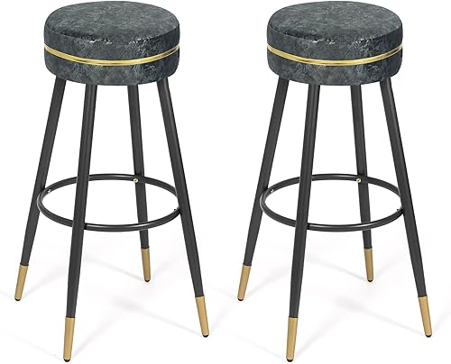 Homebeez Juego de 2 taburetes de bar, 30 pulgadas de altura de mostrador, moderno, redondo, tapizado, de piel sintética, con ribete dorado para