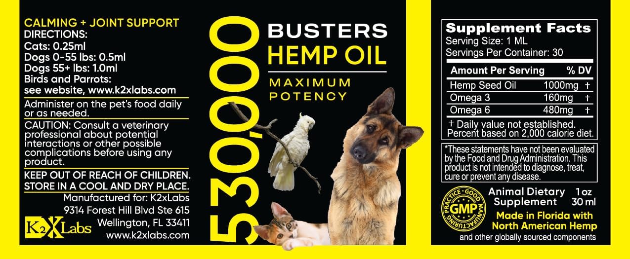 Buster's Organic Hemp Oil 530,000 4Pack-4month Supply for Dogs & Cats Made in USA - Omega Rich 3, 6 & 9 - Hip & Joint Health, Natural Relief, Calming Drops