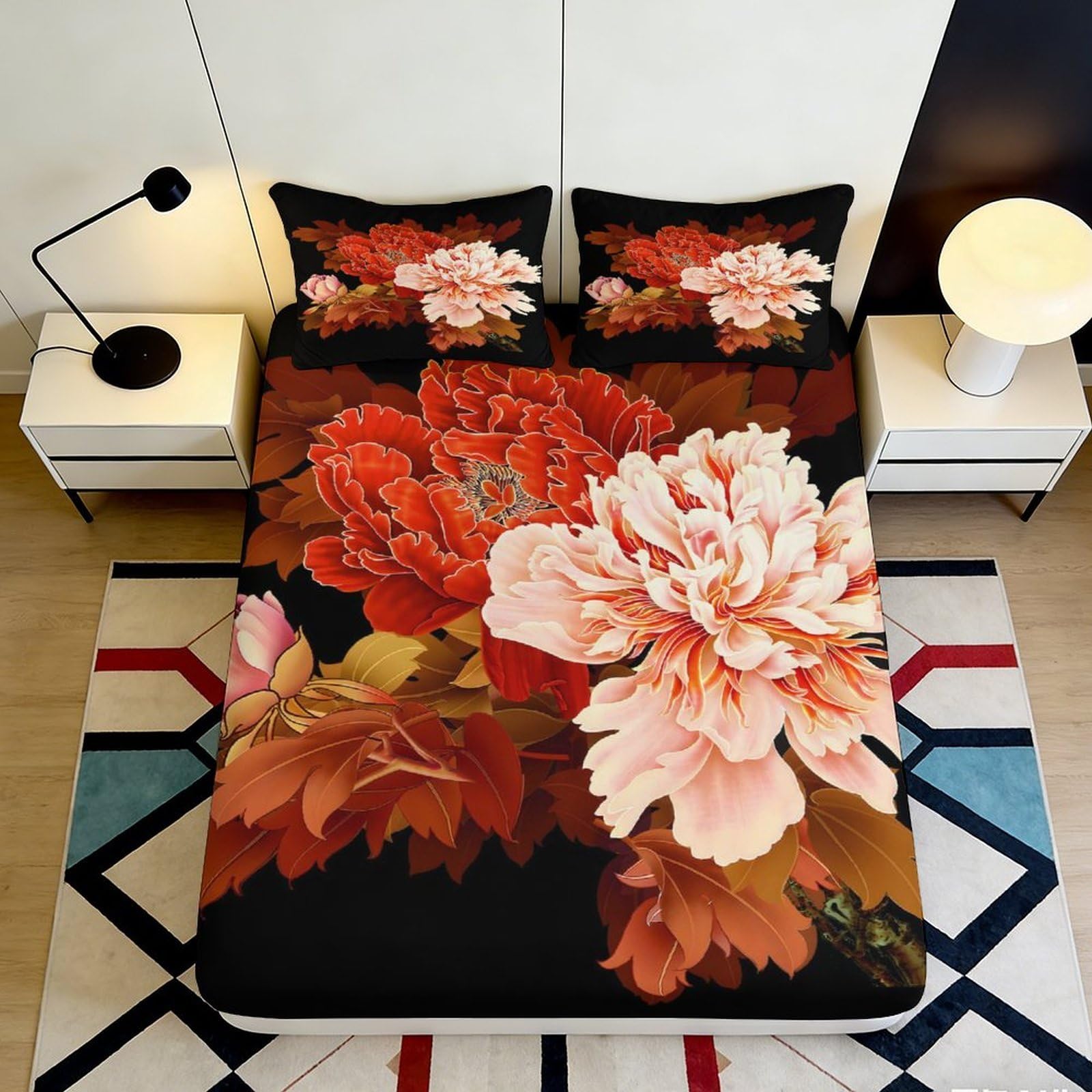 3D Printed Red Peony Floral Fitted Sheet Microfiber Non-Slip Mattress Cover for Bedroom Decor Machine Washable 140x200x25cm