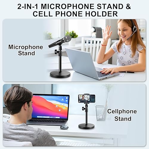 Miniatura 2 de Soporte de micrófono de escritorio 2 en 1, base redonda de metal mejorada, soporte de micrófono ajustable con clip de micrófono, clip para teléfono