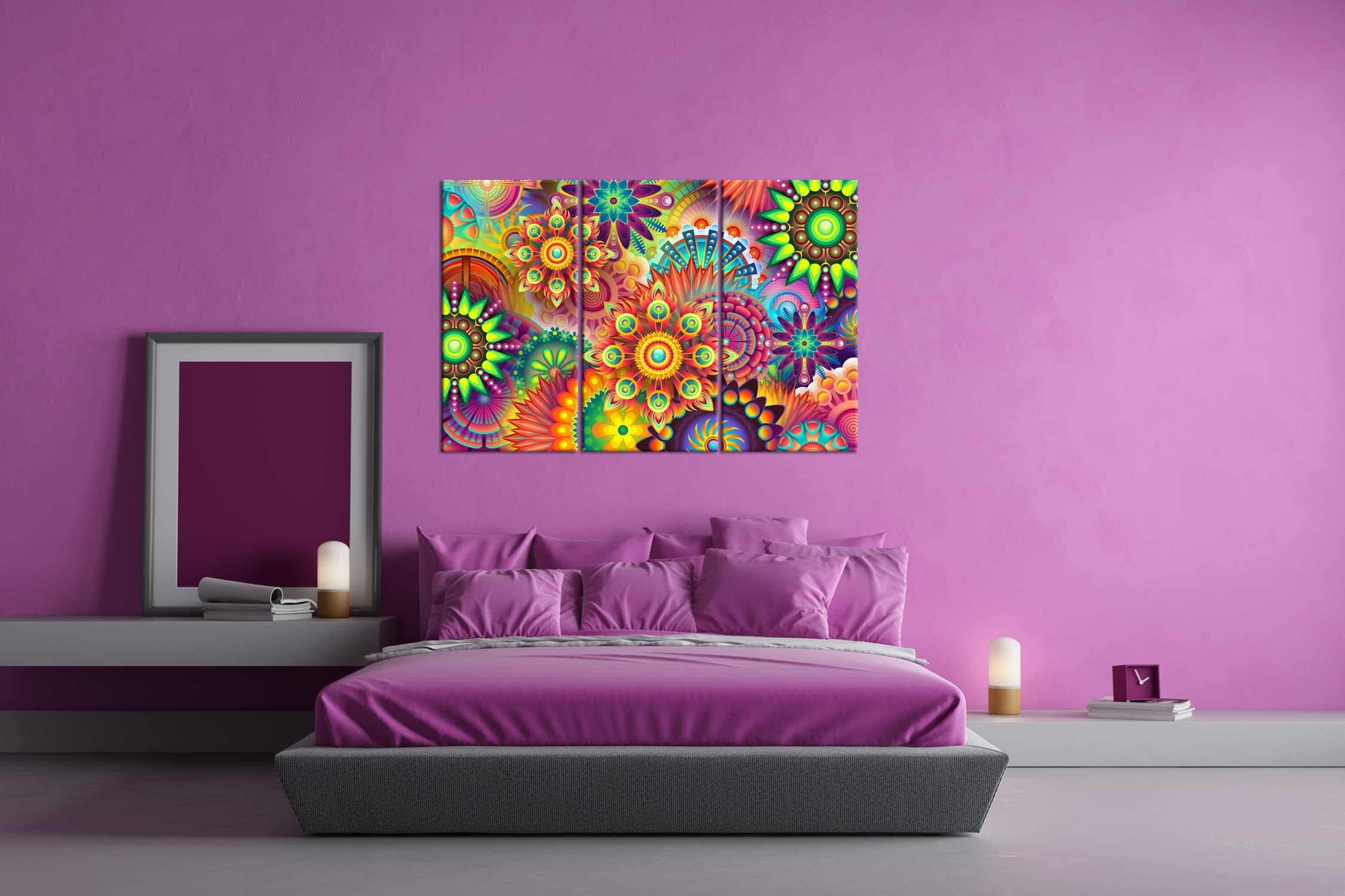 Mandala joyeux et coloré - Format : 3 pièces - Impression numérique de qualité supérieure - Pas d'affiche ou d'affiche.